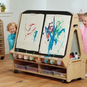 Double-sided Four Station Chalk/Whiteboard Easel with Low Storage Trolley